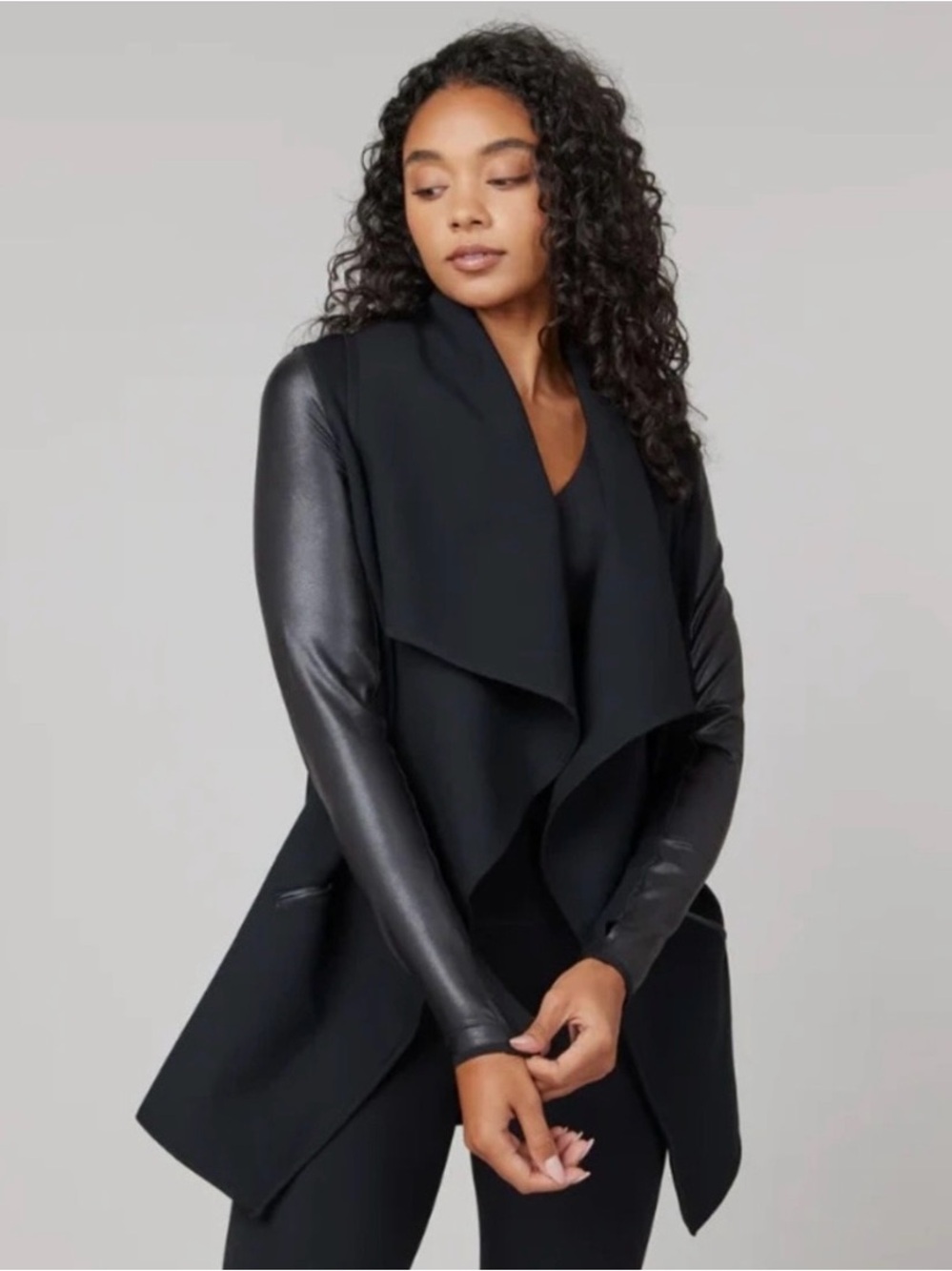 SPANX Black Draped Open-Front Jacket with Faux Leather Sleeves